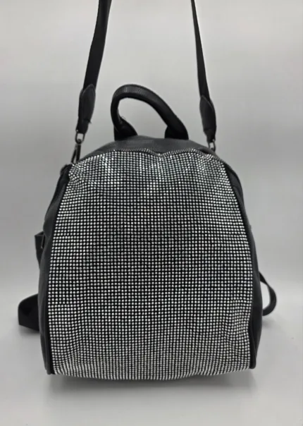 Раница от еко кожа в черно с сребърни камъни